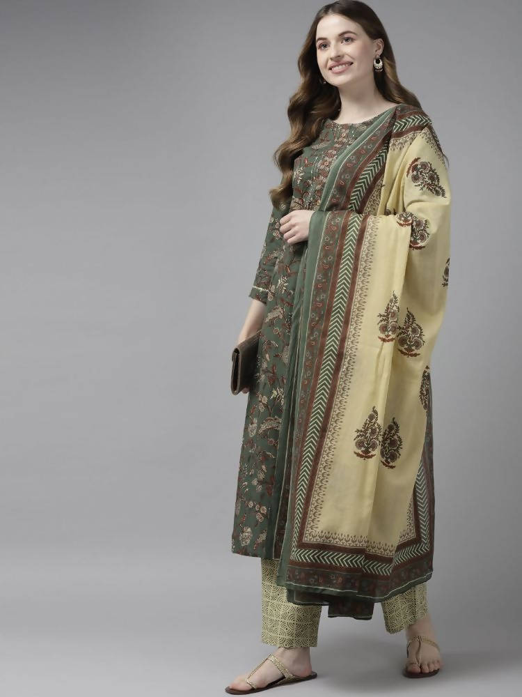 Yufta Women Green and Beige Floral Print Pure Cotton Kurta with Palazzo and Dupatta