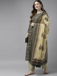 Thumbnail for Yufta Women Green and Beige Floral Print Pure Cotton Kurta with Palazzo and Dupatta