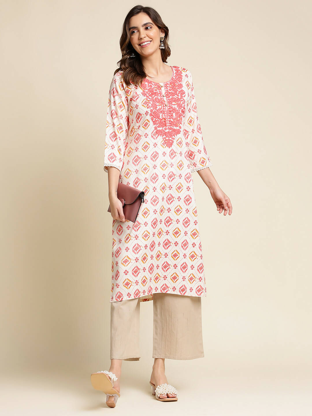 Red Poly Rayon Aztec Printed Straight Fit Kurta - Prasuti - Distacart