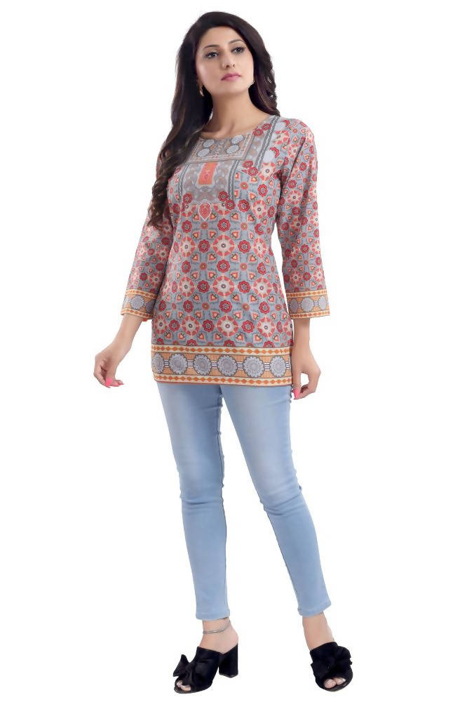 Snehal Creations Ash Gray Faux Crepe Short Kurti Tunic Top