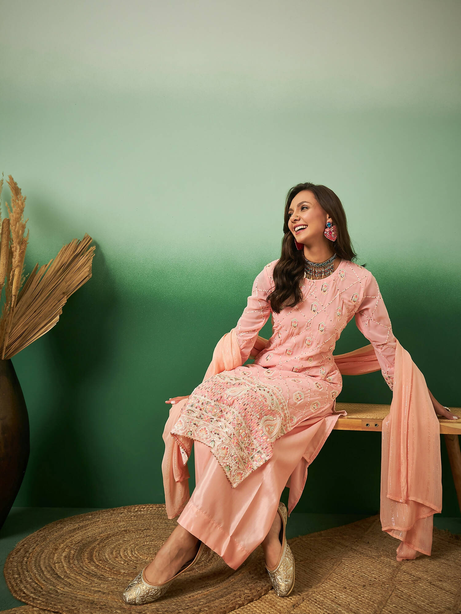 Peach Georgette Handwork Unstitched Dress Material - Hanika - Distacart