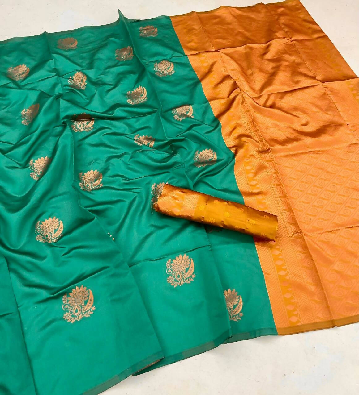 DEIANA'S Beautiful Golden Jari with New Design Soft Lichi Silk Saree - Rama - Distacart