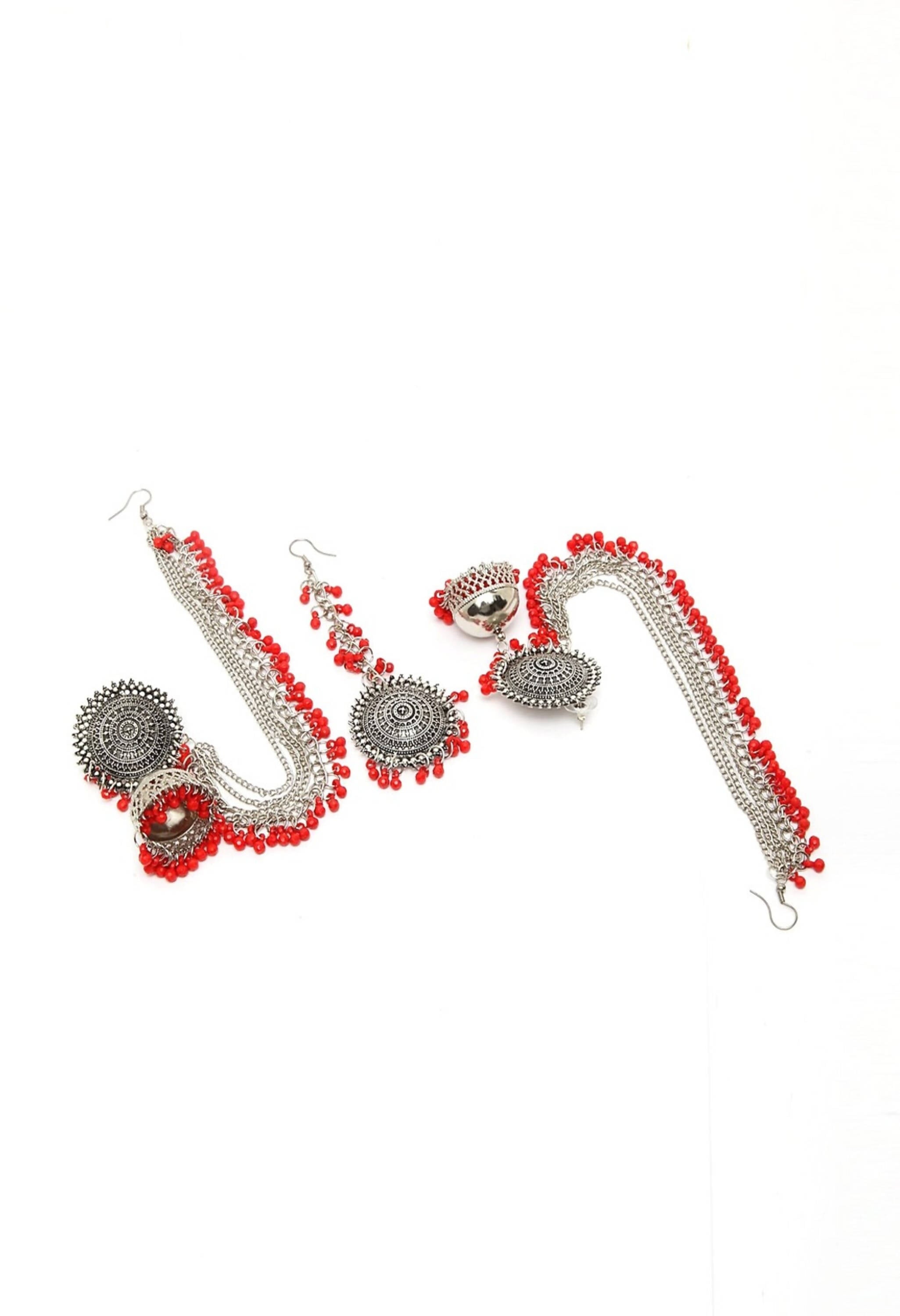Mominos Fashion Johar Kamal Bahubali Red Beads Earrings With Tikka - Distacart