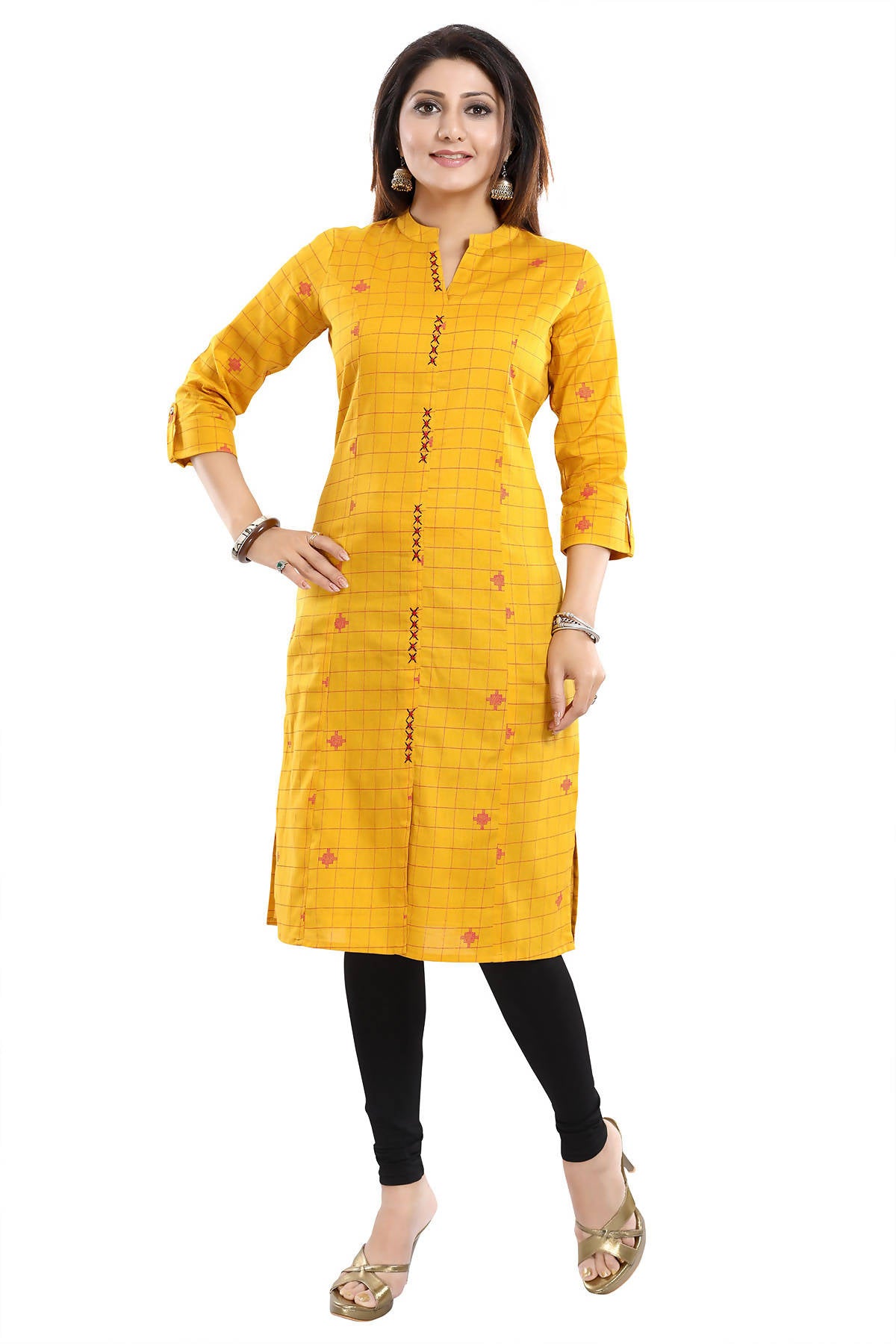Snehal Creations Checkered Print Yellow Long Cotton Kurti - Distacart