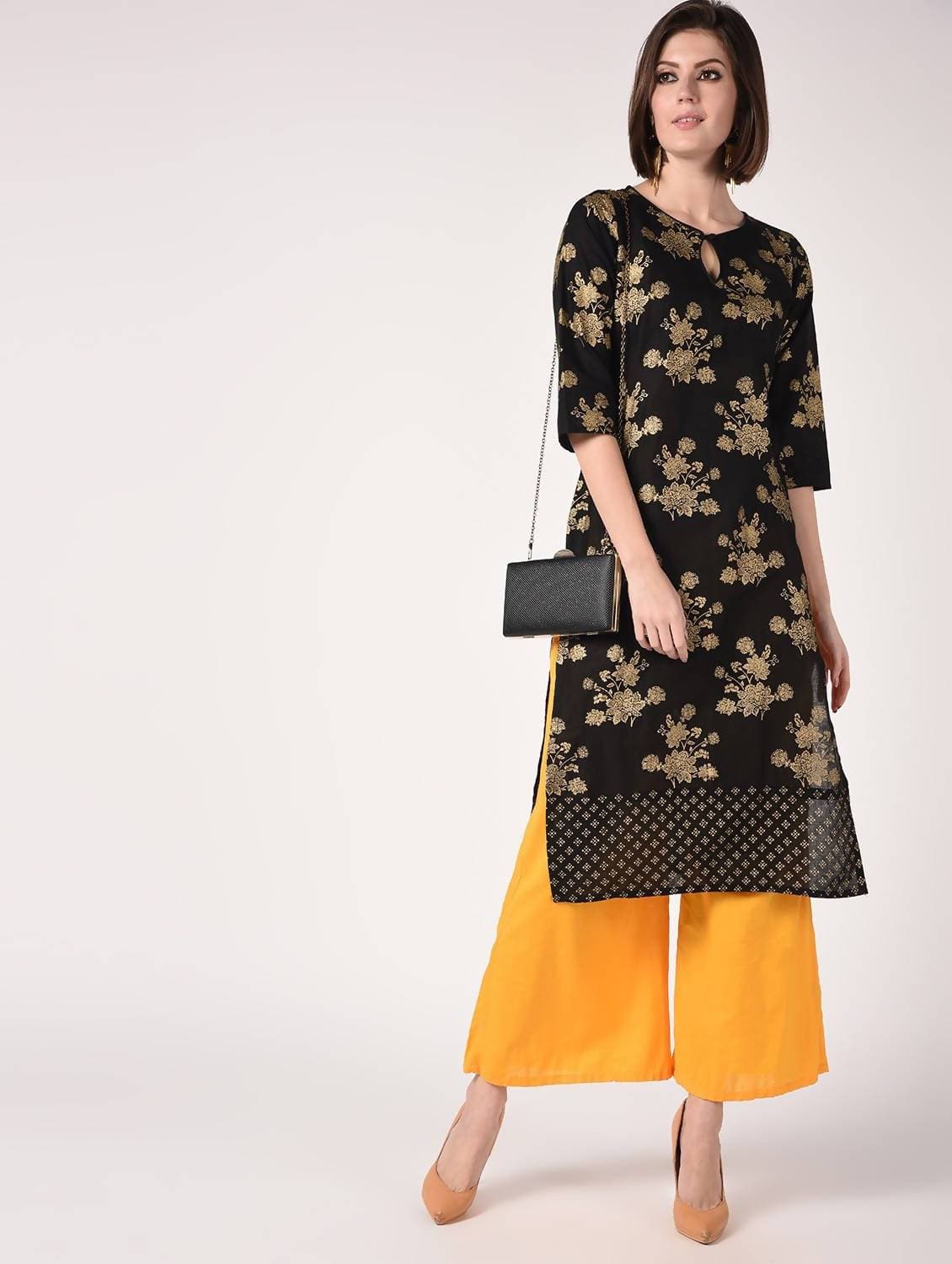 Cheera Hand Block Print straight Black & Mustard Kurta with Palazzo