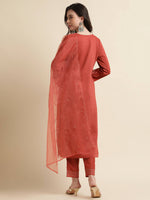 Thumbnail for Orange Chinon Silk Embroidered Straight Kurta with Trouser & Dupatta - Salimar - Distacart