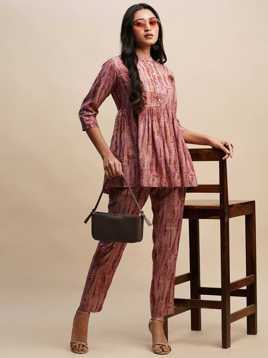 Pink Poly Cotton Tie and dye Printed Top with Matching Trouser - Shivani - Distacart