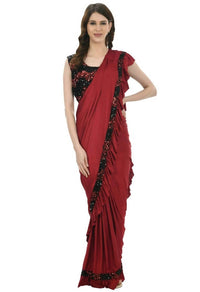 Thumbnail for Mominos Fashion All Season Wear Olive Red And Black Ruffled Ready To Wear Saree