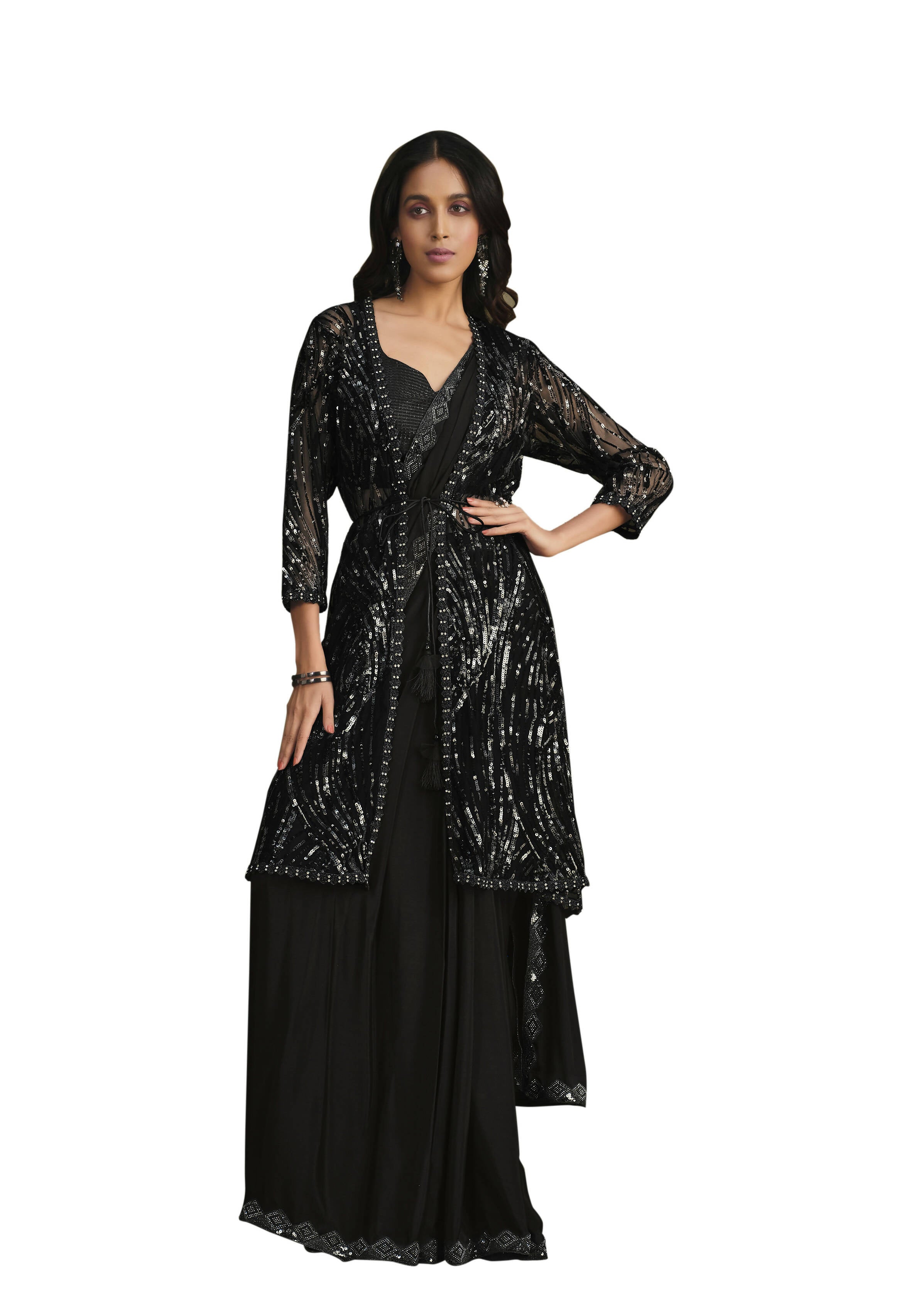 Black Crepe Silk Sequence Embroidered & Stone Work With Sequence Work Jacket Saree With Stitched Blouse - Mohmanthan La Belle - Distacart