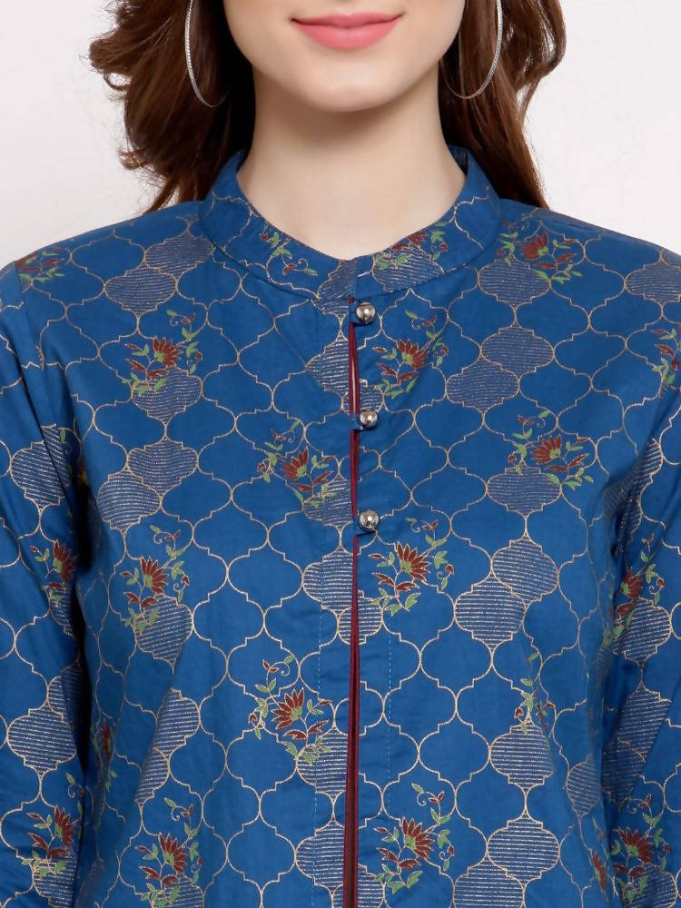 Myshka Women's Blue Cotton Full Sleeve Mandarin Collar Printed Casual Jacket