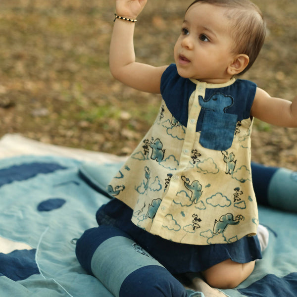 Mhyssa Blue And Beige A line Sleeveless Printed Dress And Skirt With Lining Set - Distacart