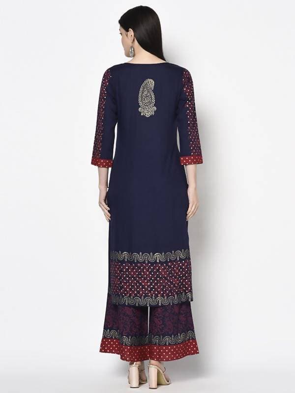 Aniyah Rayon Navy Blue Color Block Print Straight Kurta Palazzo Set (AN-179K)