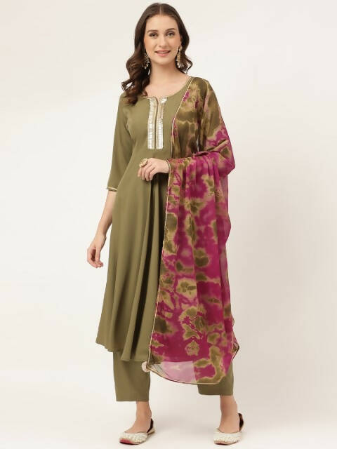 FIORRA Women's Olive Poly Crepe A-Line Kurta Pant With Dupatta - Distacart