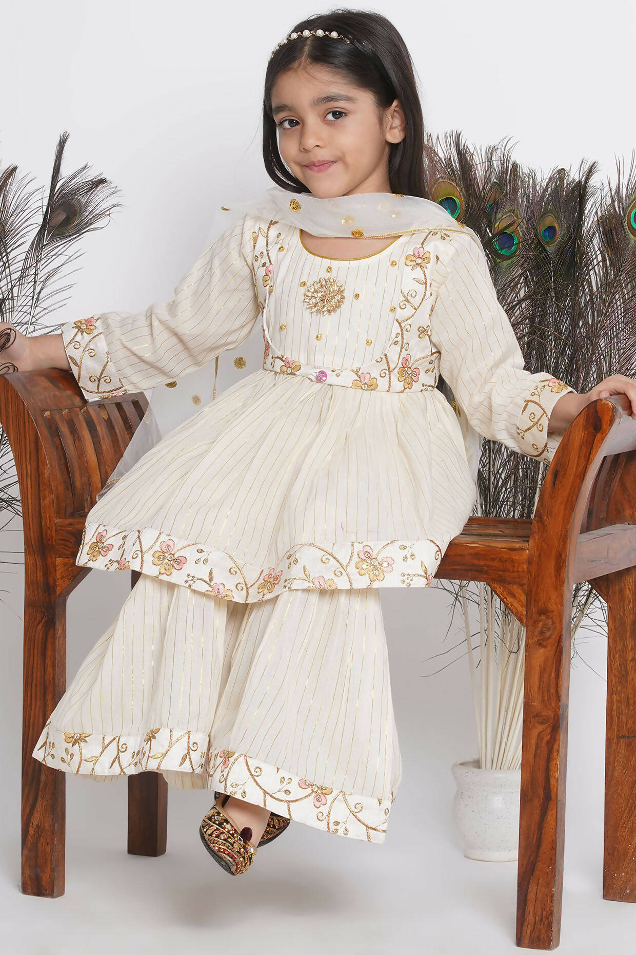 Little Bansi Floral Embroidery Jacket With Cotton Lurex Frock Sharara And Dupatta With Ghungroo Handwork - Cream - Distacart