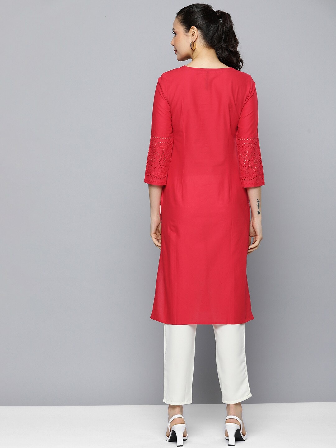 HERE&NOW Women Pure Cotton Floral Embroidered Keyhole Neck Thread Work Kurta - Distacart