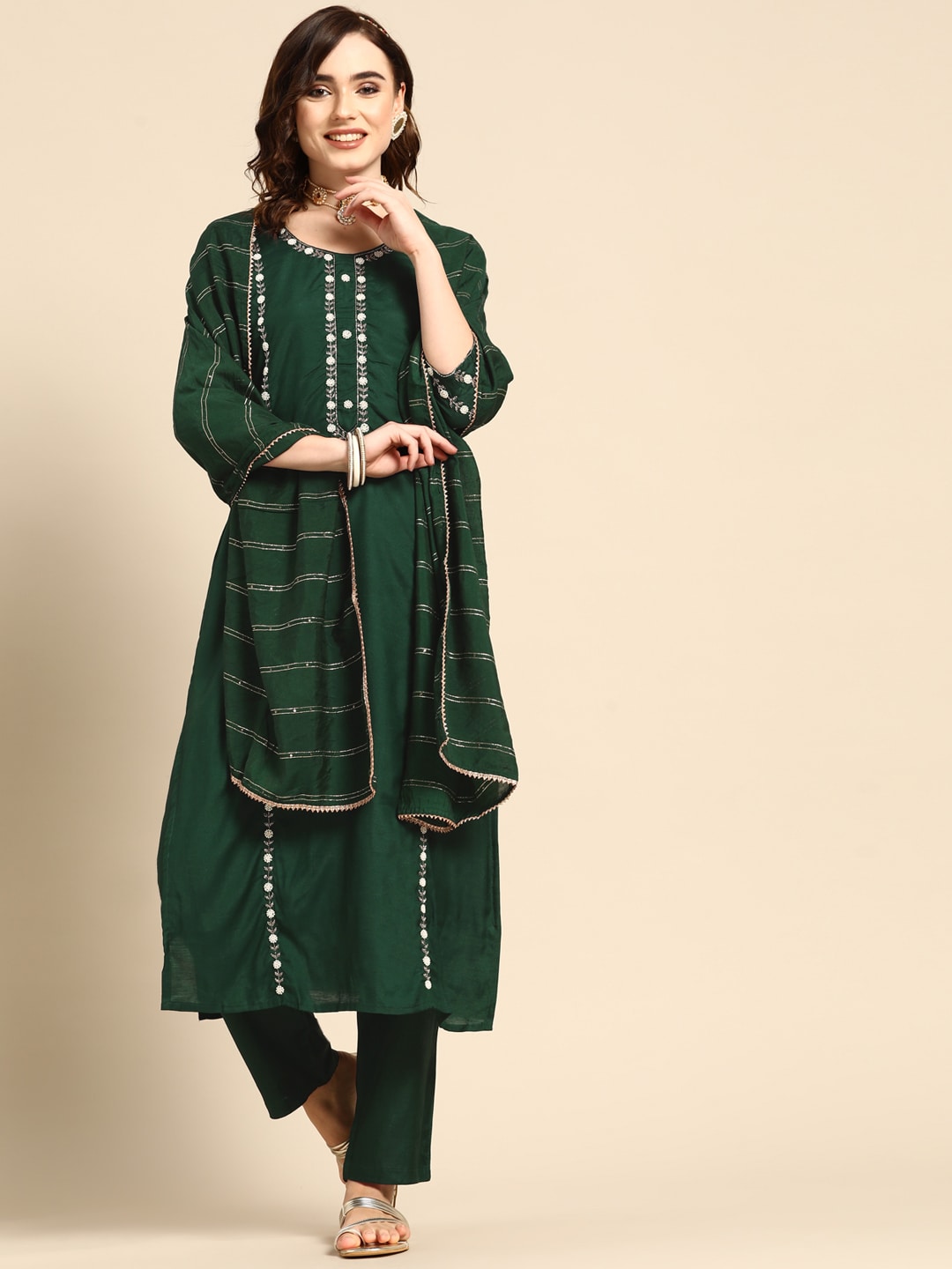 Sangria Women Green & White Ethnic Embellished Beaded Kurta with Trousers & Dupatta - Distacart