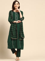 Thumbnail for Sangria Women Green & White Ethnic Embellished Beaded Kurta with Trousers & Dupatta - Distacart