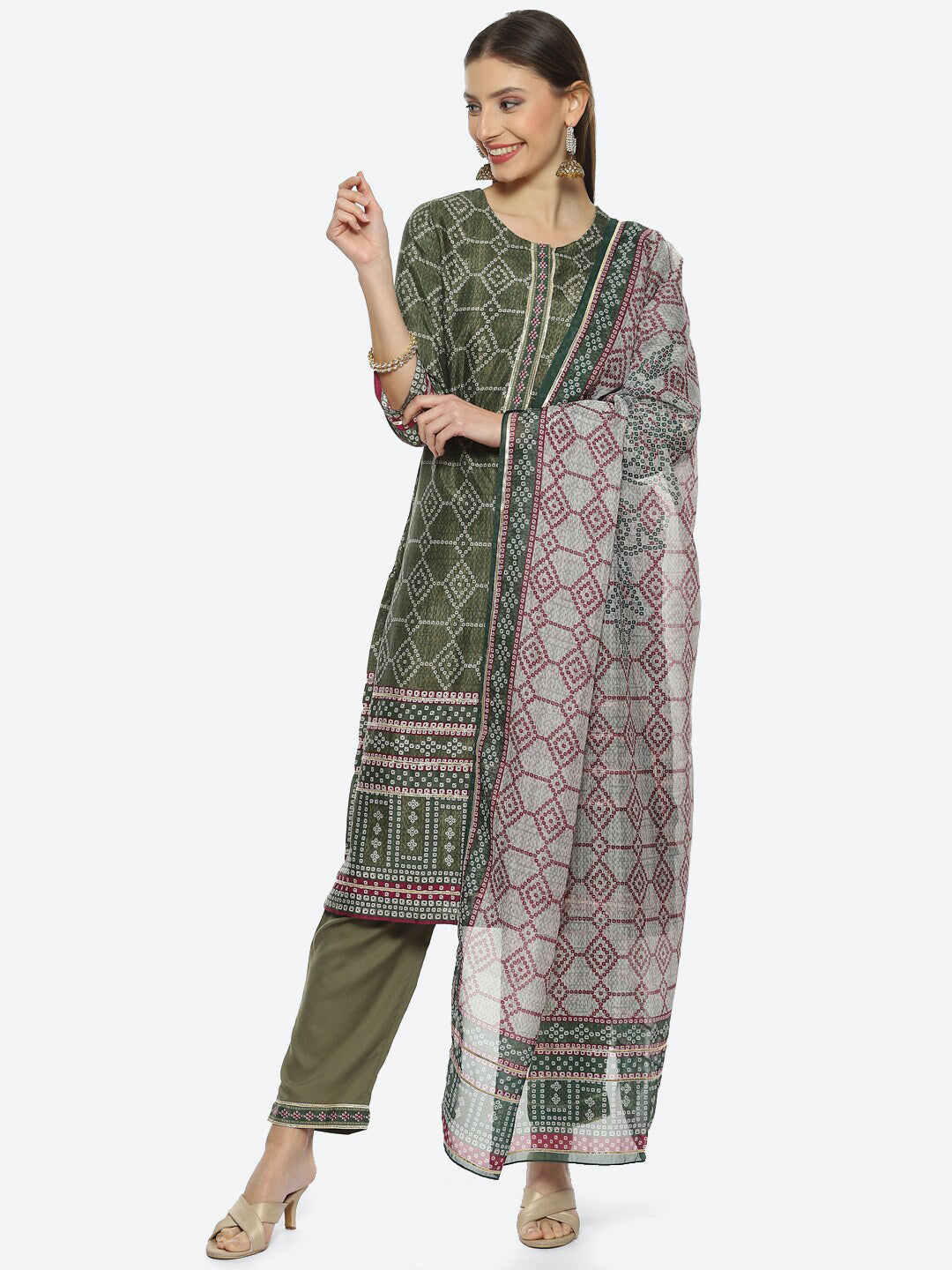 Biba Women Bandhani Printed Kurta With Trousers & Dupatta - Distacart