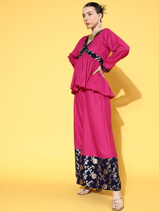 InWeave Women's Fuchsia Blue Brocade Mughal Shaan Kurta Palazzo Set - Distacart