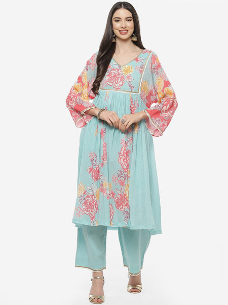 Biba Women Blue Floral Printed Empire Pure Cotton Kurta with Trousers - Distacart