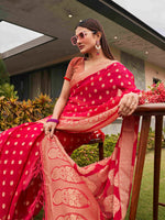 Thumbnail for Tikhi Imli Pink Ethnic Motifs Woven Design Zari Saree - Distacart
