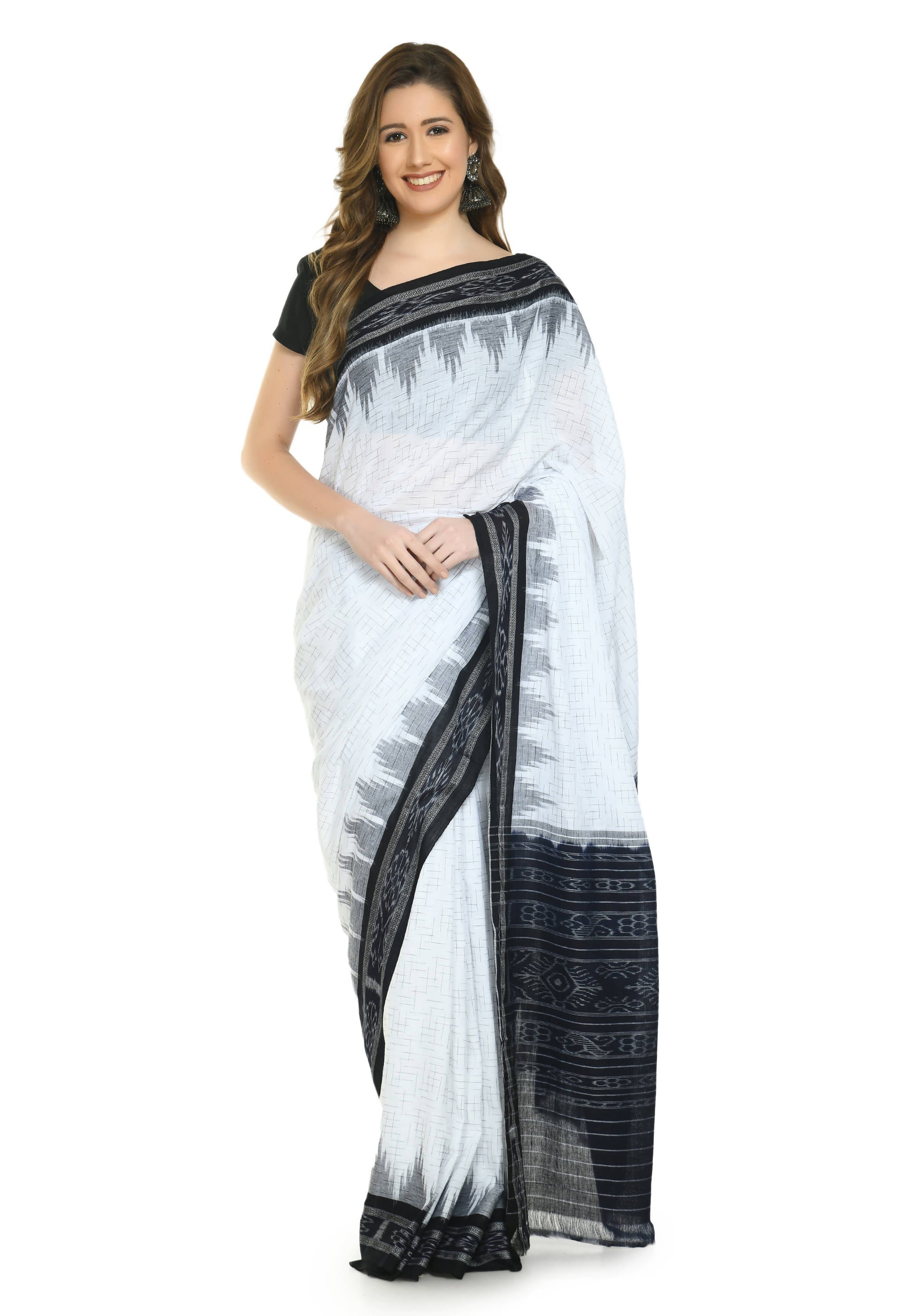 Vamika Sambalpuri Ikat Cotton Jharana White & Black Saree - Distacart