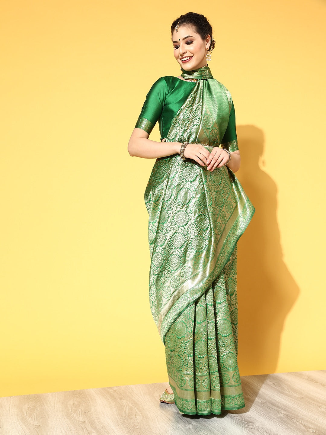 Saree Mall Green & Golden Woven Design Banarasi Saree - Distacart