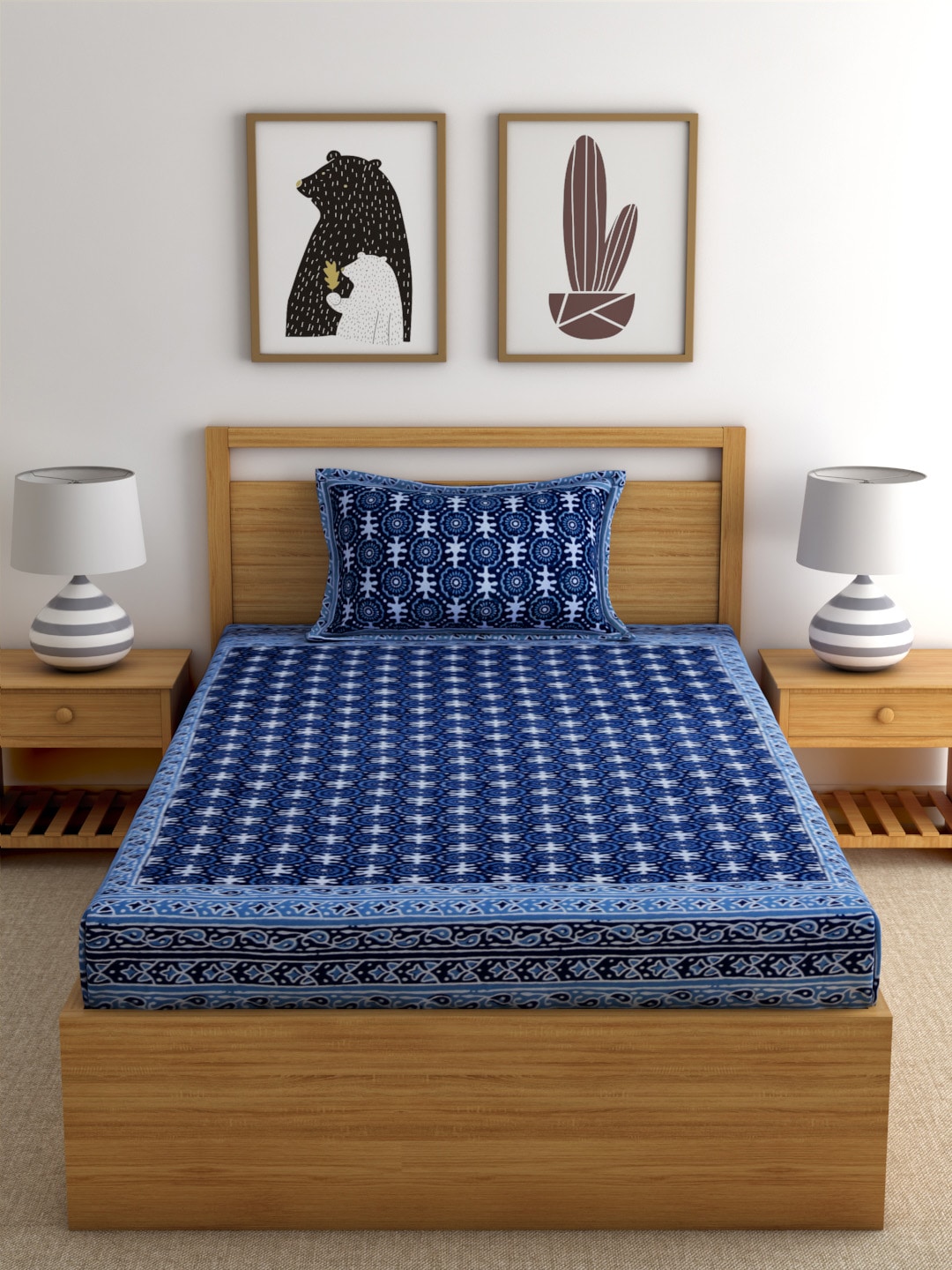 Rajasthan Decor Navy Blue Block Print 144 TC Cotton 1 Single Bedsheet with 2 Pillow Covers - Distacart