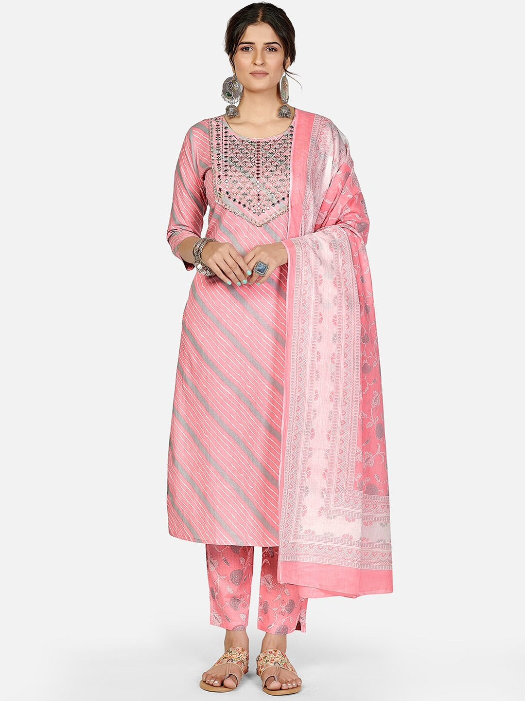 Kalini Women Pink Ethnic Motifs Striped Thread Work Pure Cotton Kurta with Trousers & With Dupatta - Distacart
