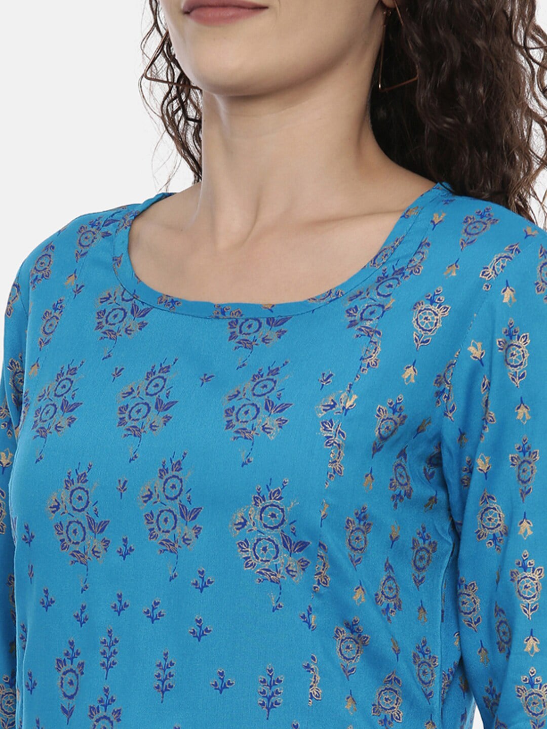 Souchii Turquoise Blue & Gold-Toned Floral Print Kurta with Palazzos - Distacart