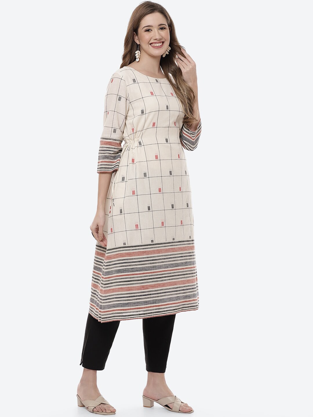 Biba Women Off White & Black Geometric Printed Cotton Kurta - Distacart