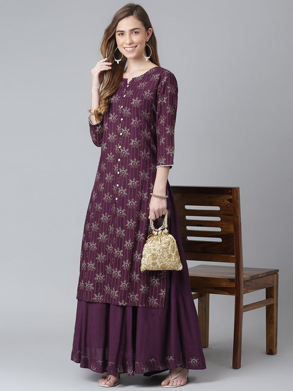 Khushal K Women Purple Ethnic Motifs Printed Kurta with Skirt - Distacart