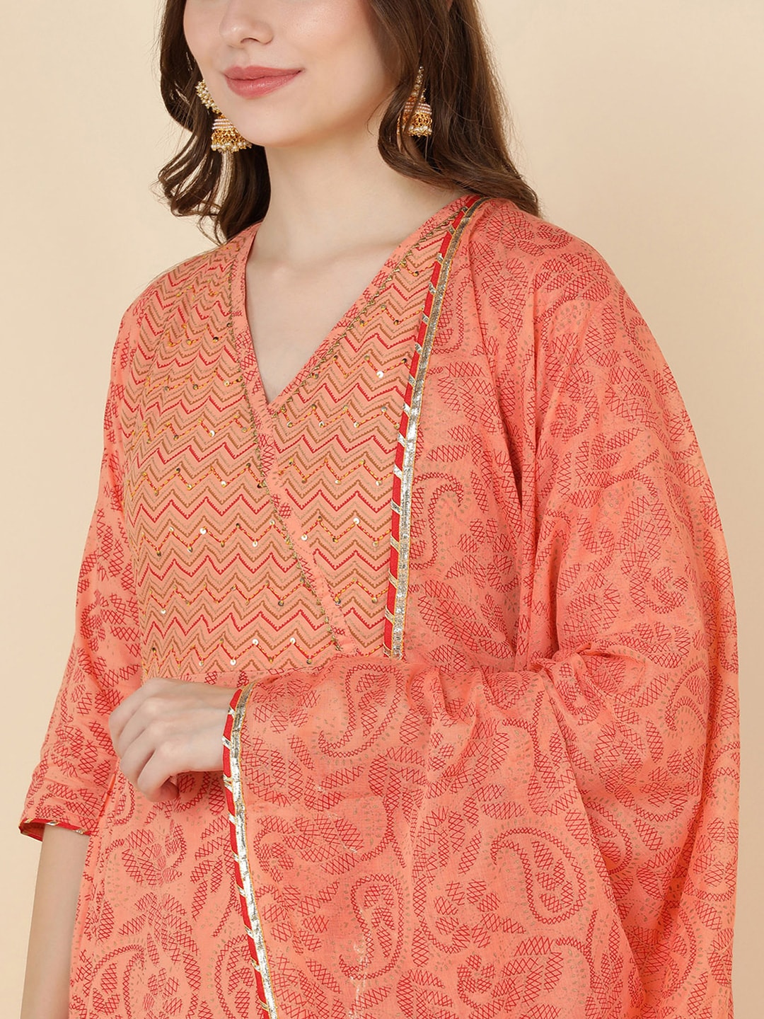 HERE&NOW Women Orange Embroidered Pure Cotton Kurta with Trousers & With Dupatta - Distacart