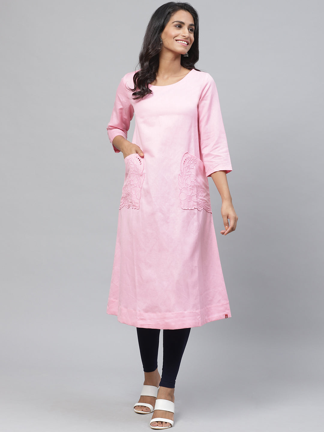 Biba Women Pink Embroidered Detail A-Line Kurta - Distacart