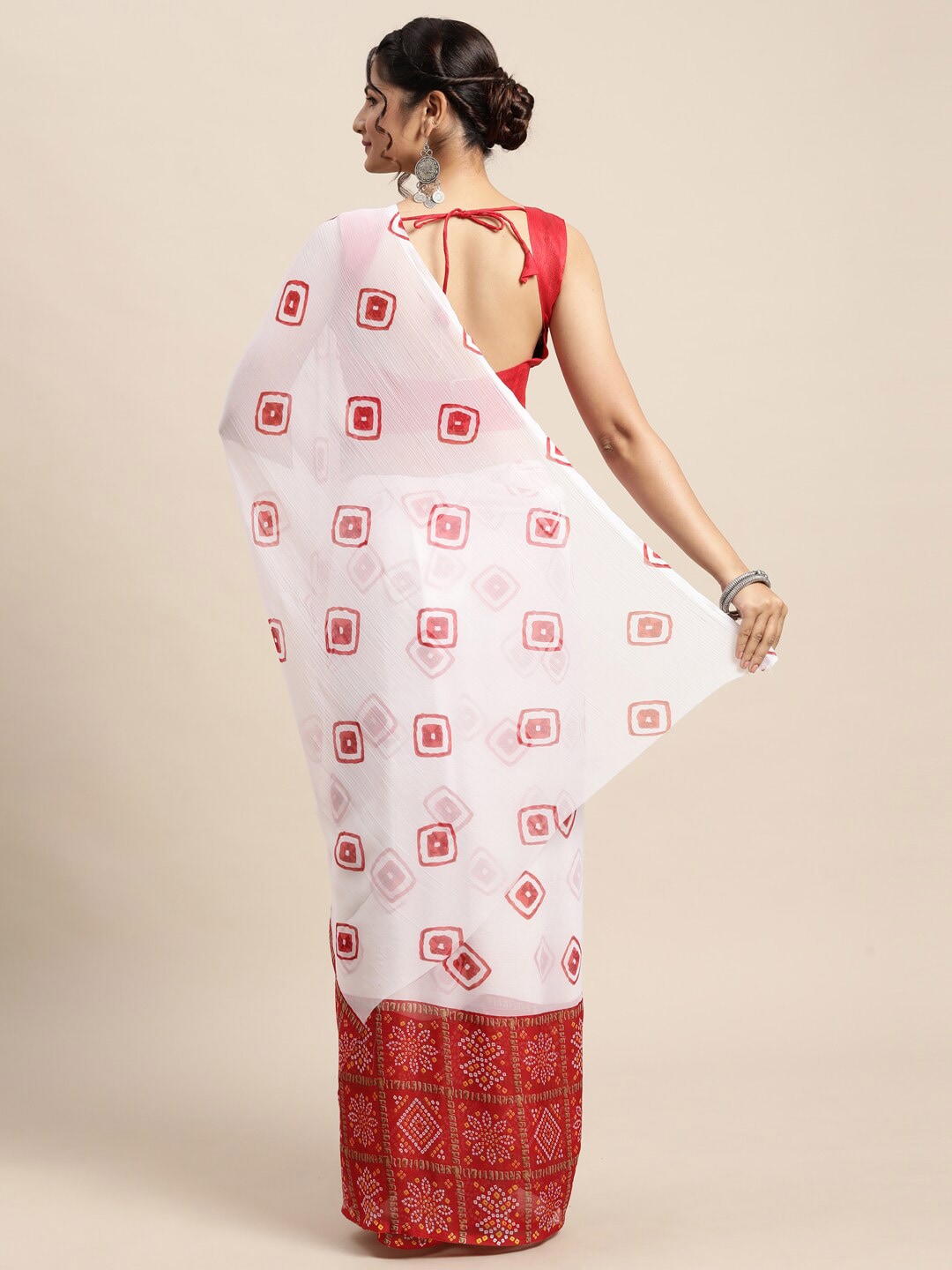Saree Mall Women White & Red Bandhani Printed Poly Chiffon Sarees - Distacart