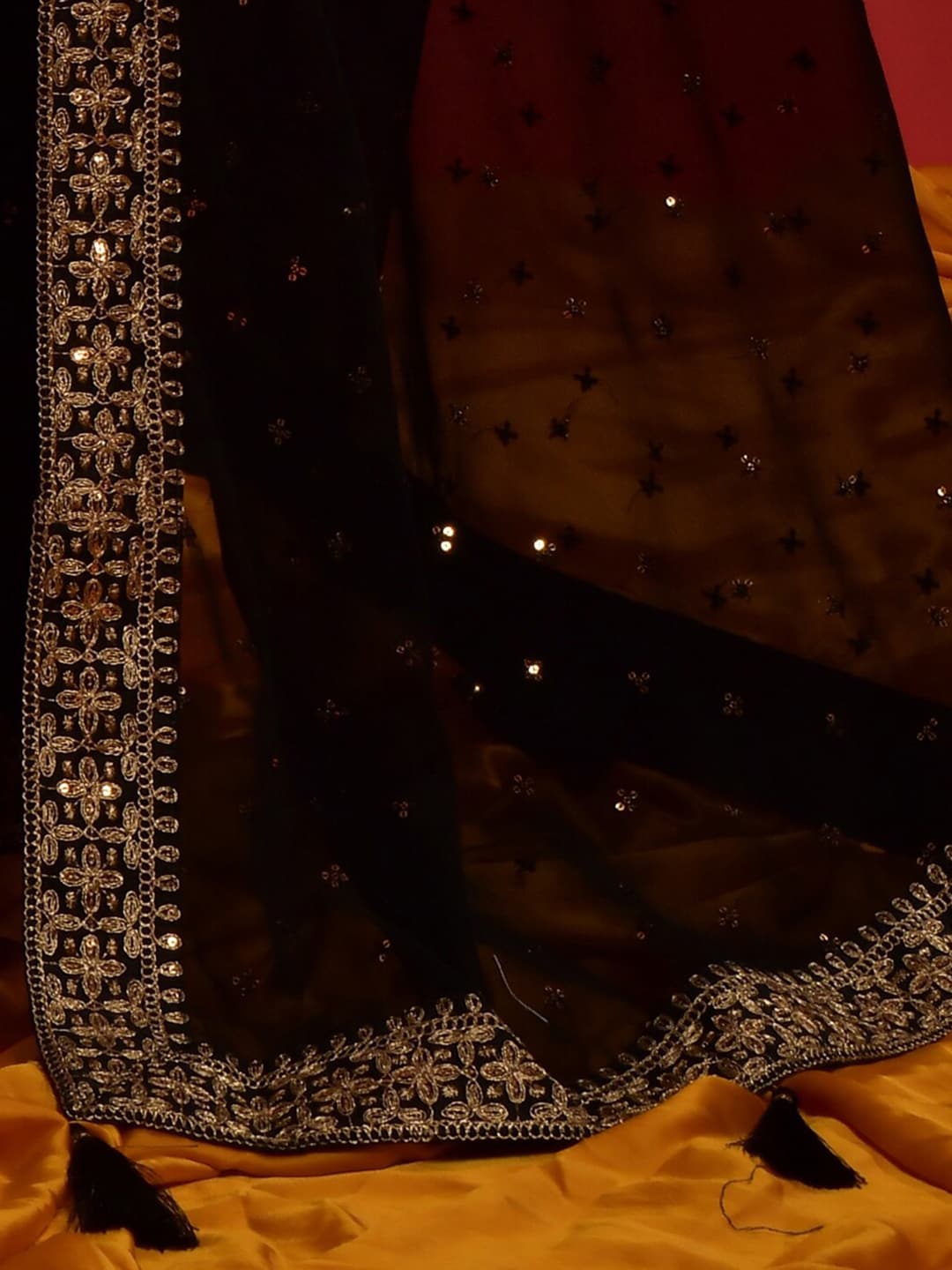 Anouk Black & Gold-Toned Floral Embroidered Pure Georgette Saree - Distacart