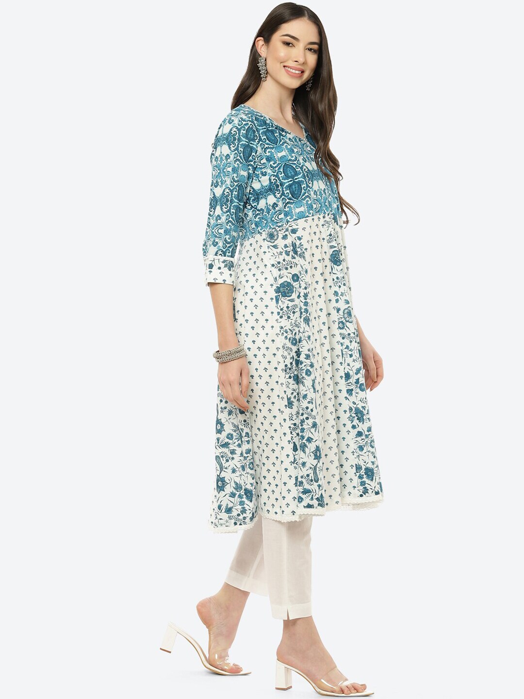 Biba Women Blue Floral Printed Empire Pure Cotton Kurta with Trousers & Dupatta - Distacart