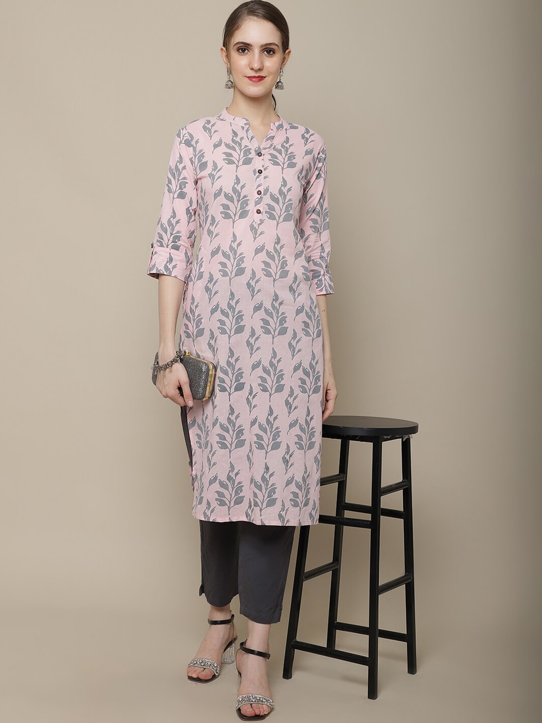 Sangria Women Pink & Grey Floral Printed Kurta - Distacart