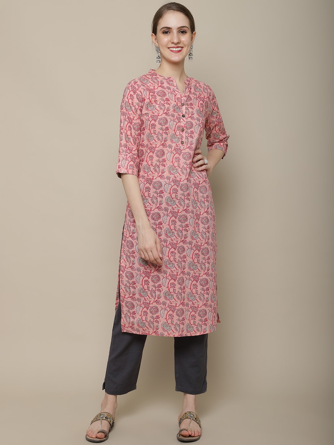Sangria Women Pink Ethnic Motifs Printed Floral Kurta - Distacart