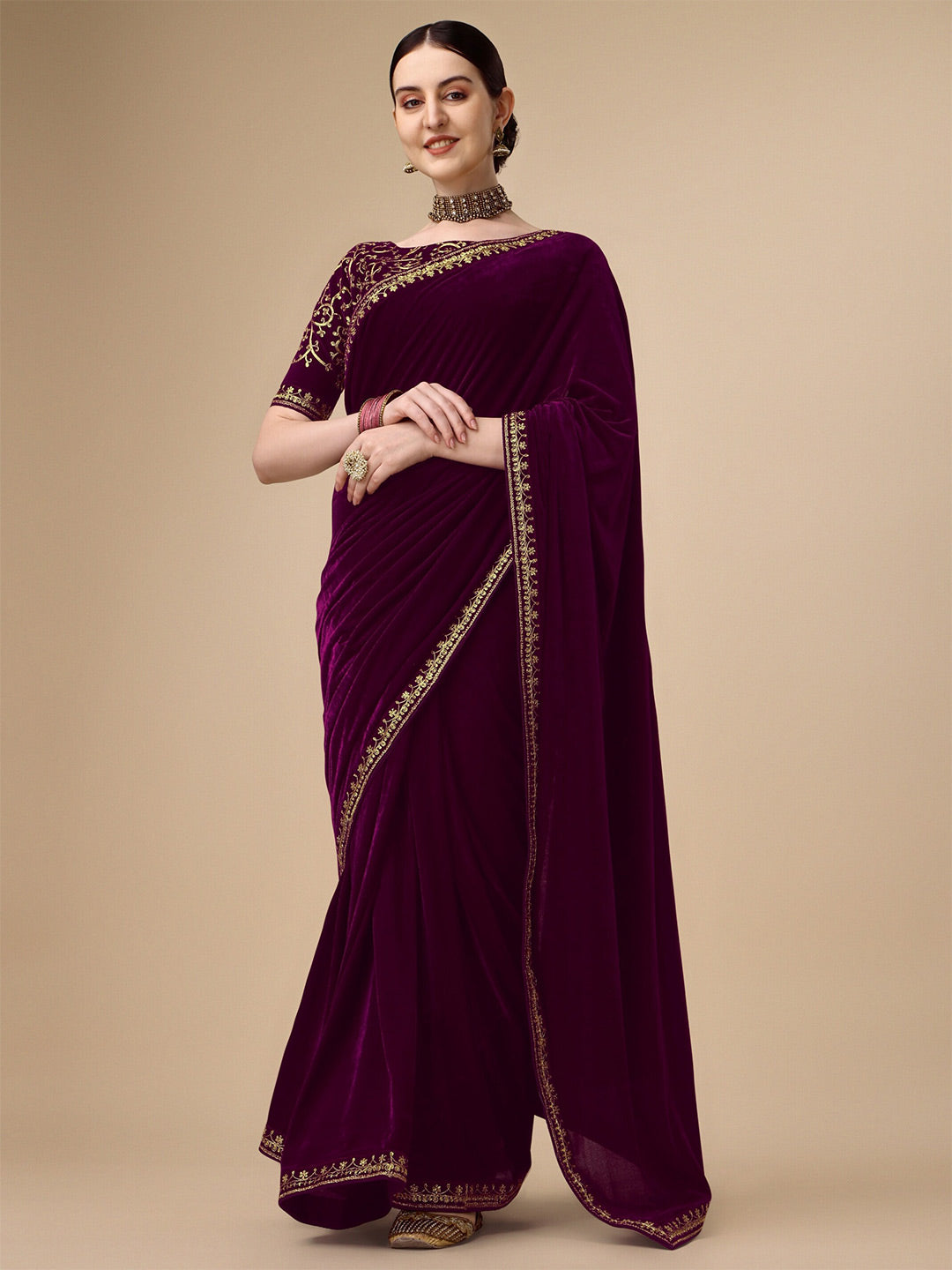 Kalini Embroidered Border Velvet Saree - Distacart