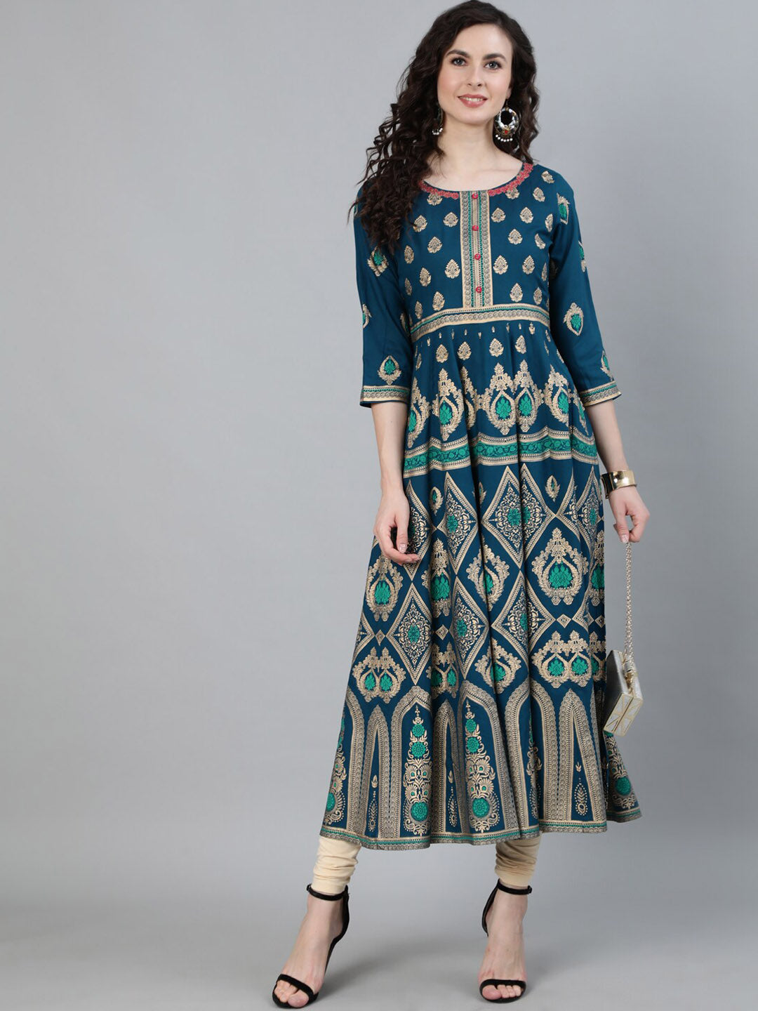 Jaipur Kurti Women Turquoise Blue & Gold Ethnic Motifs Printed Handloom Anarkali Kurta - Distacart