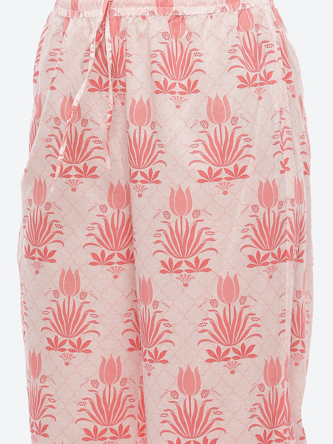 Biba Women Peach-Coloured Floral Printed Pleated Pure Cotton Kurta with Trousers - Distacart