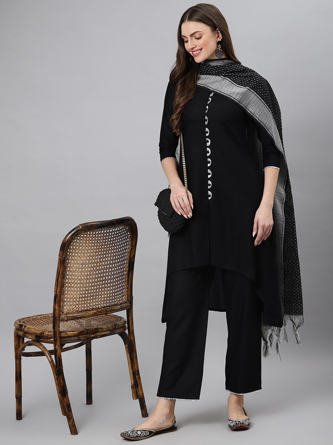 Khushal K Women Black Kurta with Trousers & With Dupatta - Distacart