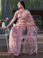 Thumbnail for Tikhi Imli Pink Floral Embroidered Mirror Work Organza Saree - Distacart