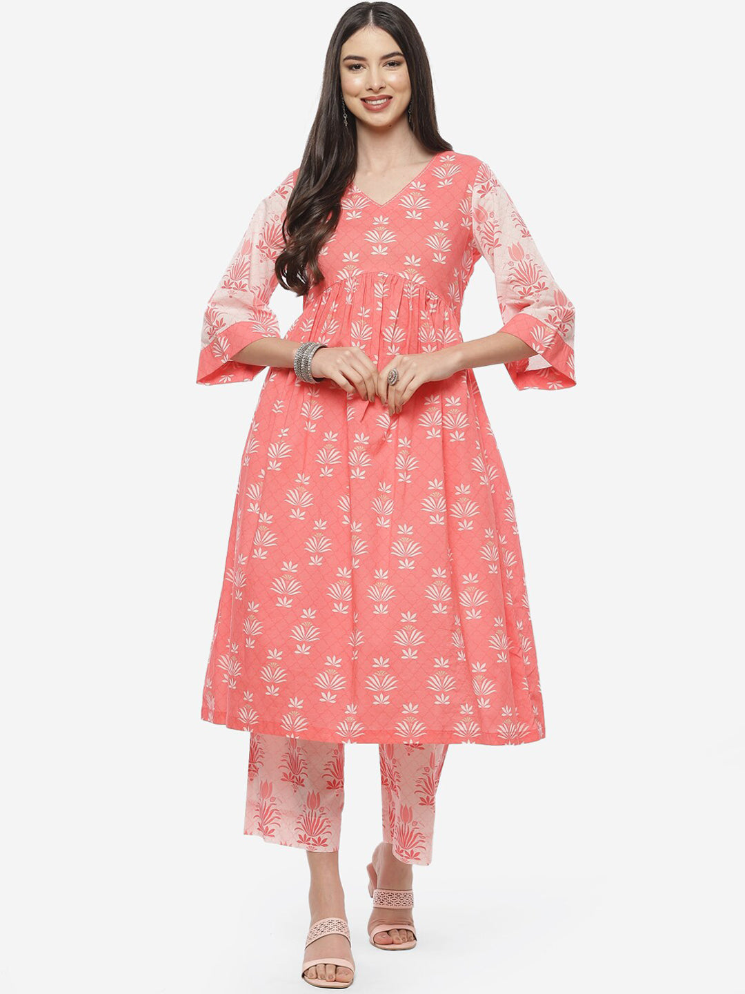 Biba Women Peach-Coloured Floral Printed Pleated Pure Cotton Kurta with Trousers - Distacart