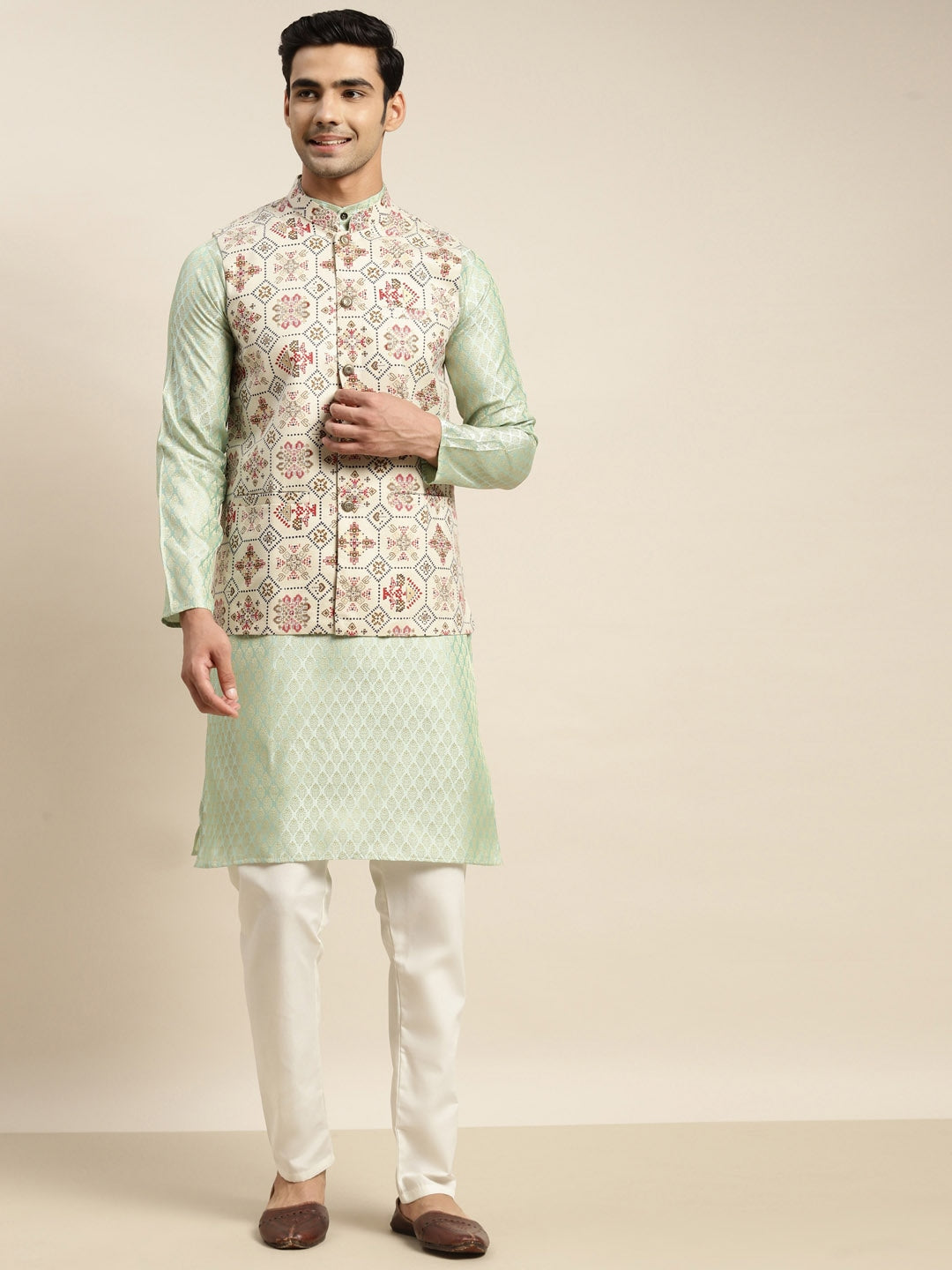 Sojanya Men Green Ethnic Motifs Woven Design Kurta & Churidar Comes With a Nehru Jacket - Distacart