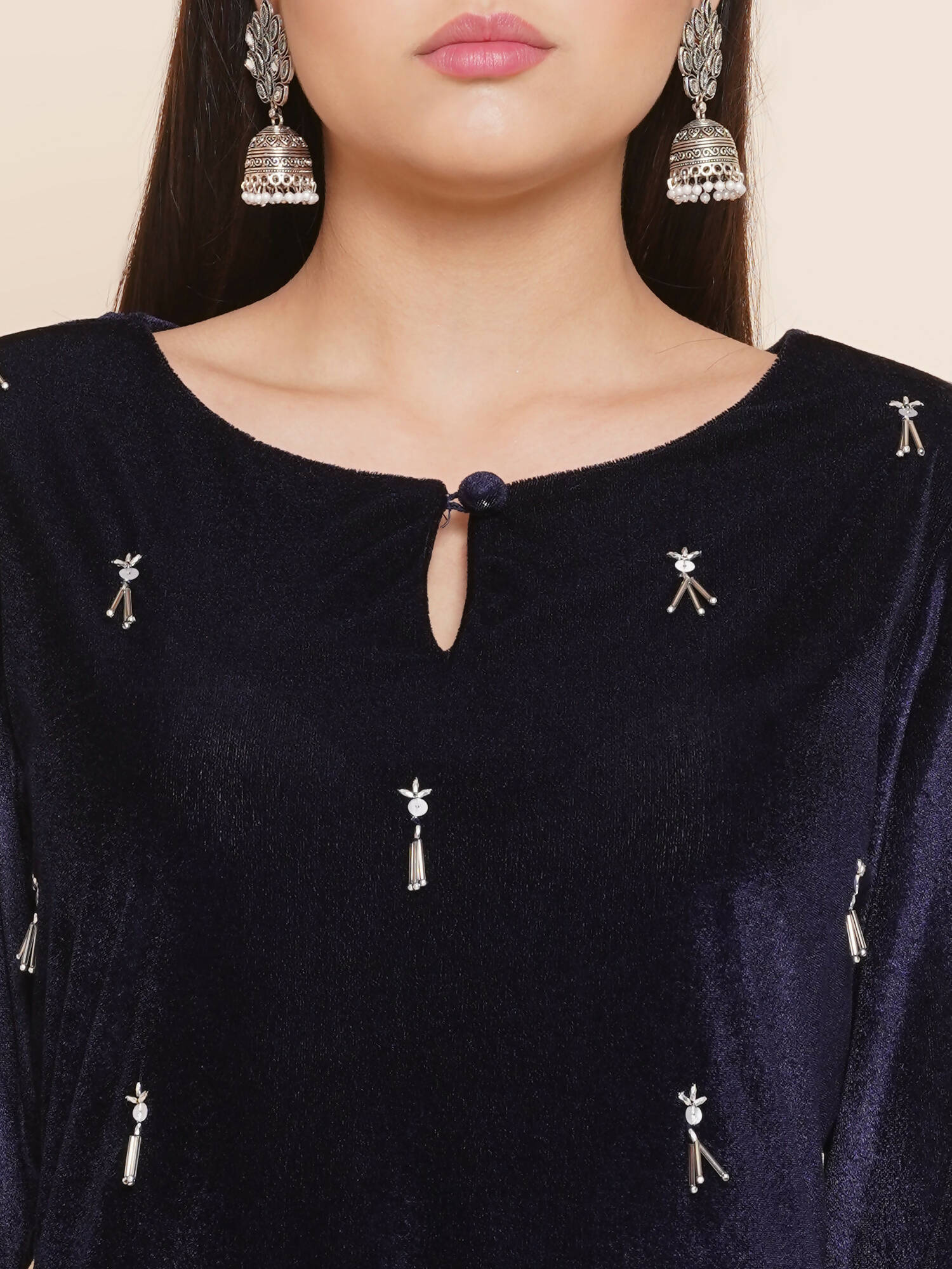 Women Republic Navy Blue Velvet Assymetrical Hand Embellished Kurta With Pants - Distacart