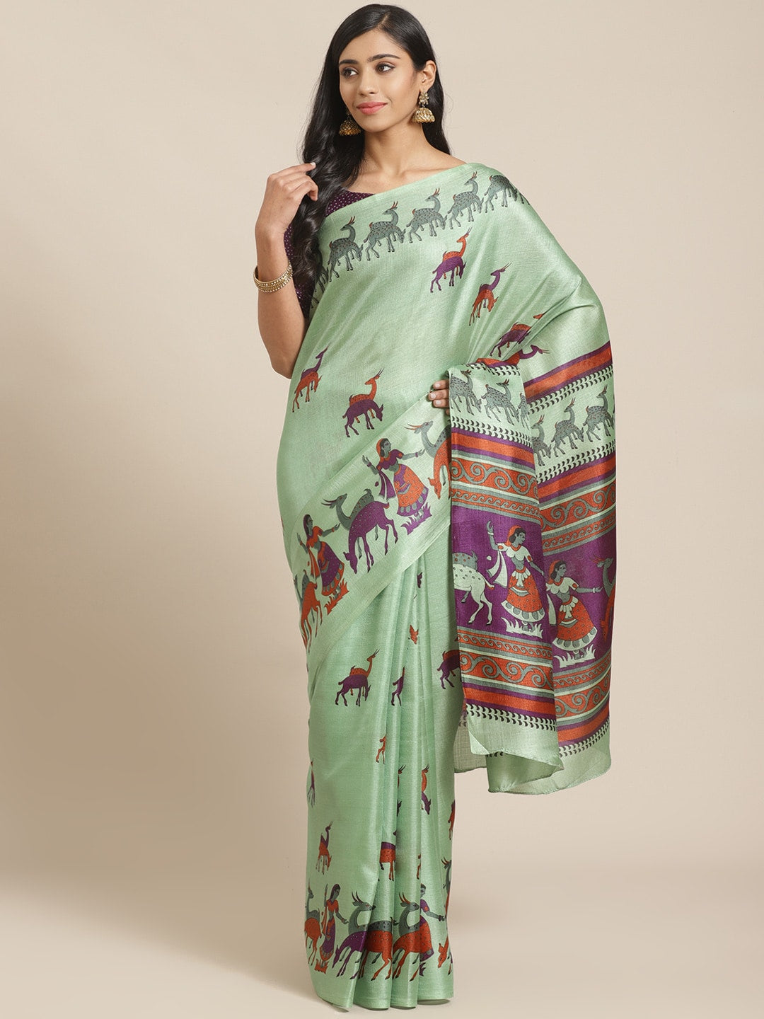 Saree Mall Green & Purple Ethnic Motifs Print Bhagalpuri Saree - Distacart