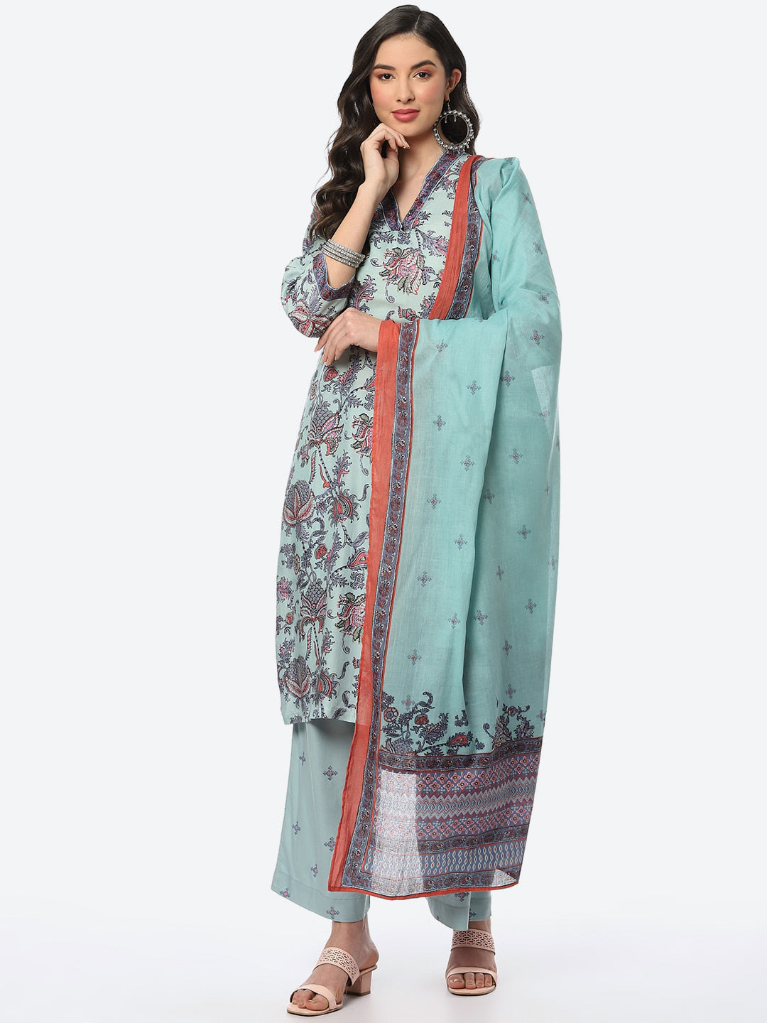 Biba Blue Ethnic Motifs Printed Kurta with Trousers & Dupatta - Distacart