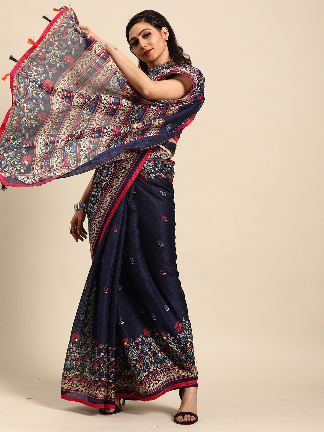 Saree Mall Navy Blue & Red Floral Jute Silk Block Print Sarees - Distacart